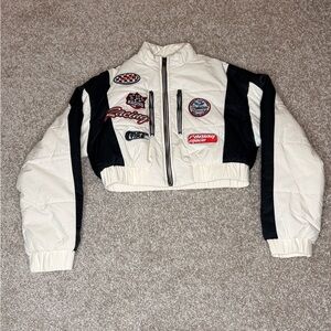 Fashion Nova Cream and Black Bomber Jacket